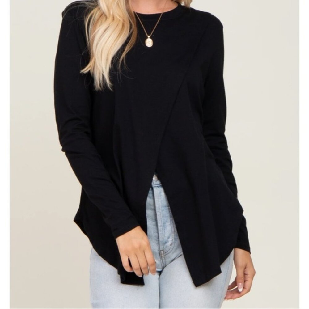 Ellie & Kate Front Slit Long Sleeve Black Top EUC Size S